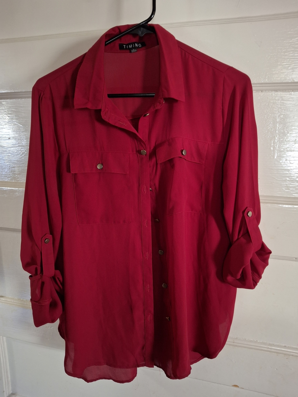 Timing Red Roll-Tab Sleeve Button Front Blouse Size L – CFD 131